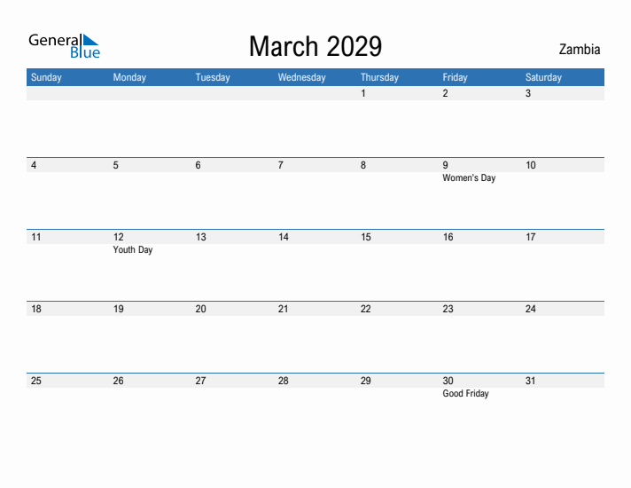 Fillable March 2029 Calendar