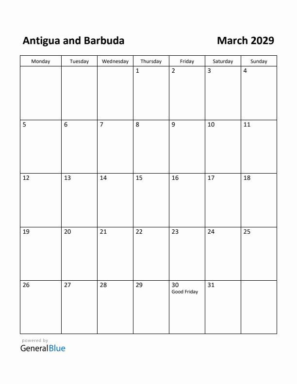 March 2029 Calendar with Antigua and Barbuda Holidays