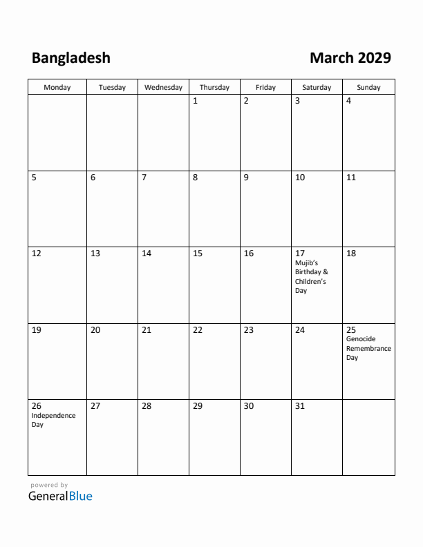 March 2029 Calendar with Bangladesh Holidays