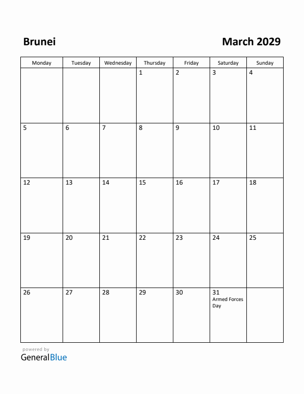 March 2029 Calendar with Brunei Holidays