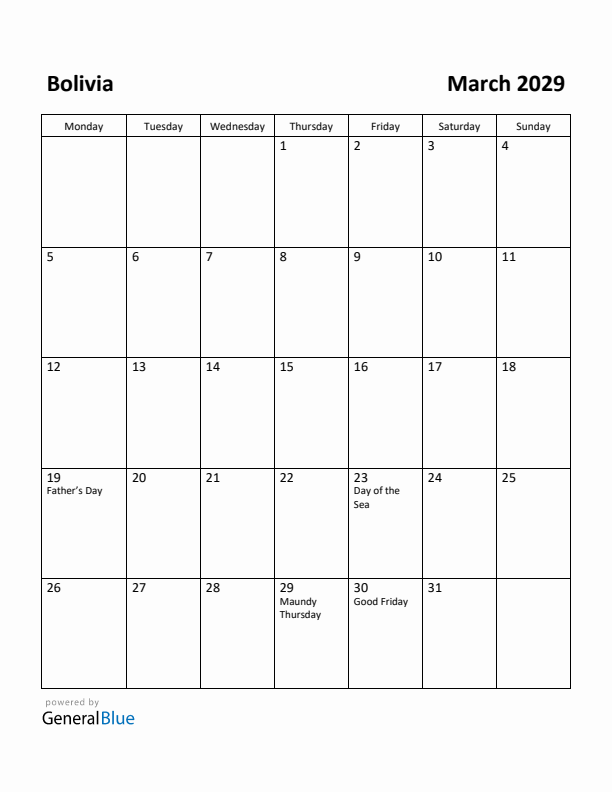 March 2029 Calendar with Bolivia Holidays