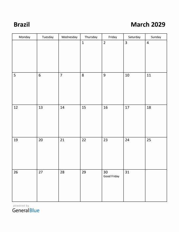 March 2029 Calendar with Brazil Holidays