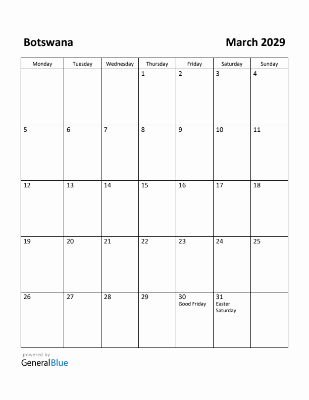 March 2029 Calendar with Botswana Holidays