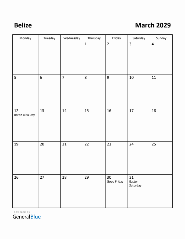 March 2029 Calendar with Belize Holidays