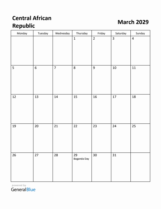 March 2029 Calendar with Central African Republic Holidays