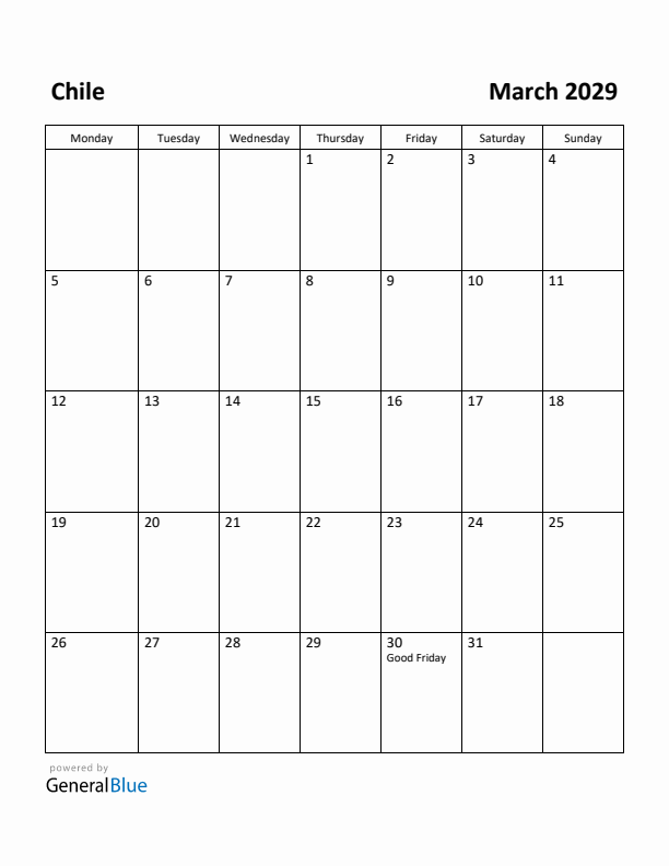 March 2029 Calendar with Chile Holidays