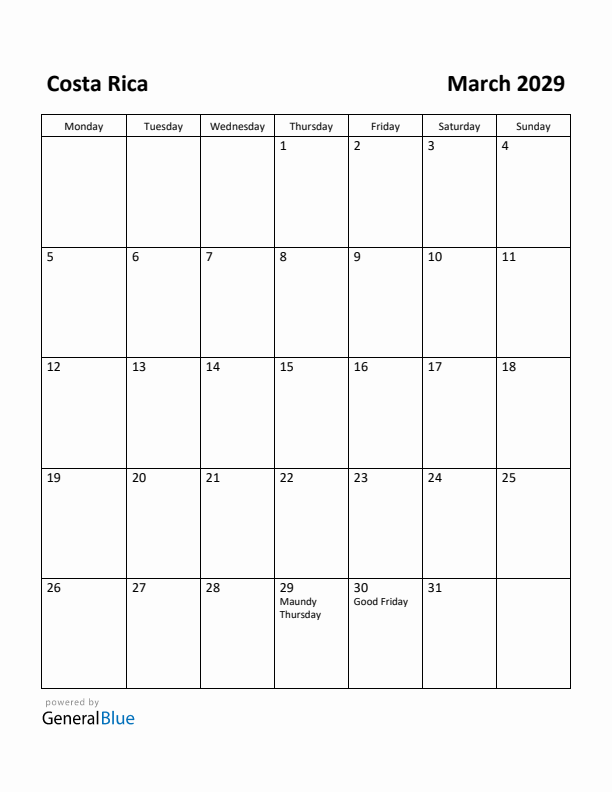 March 2029 Calendar with Costa Rica Holidays