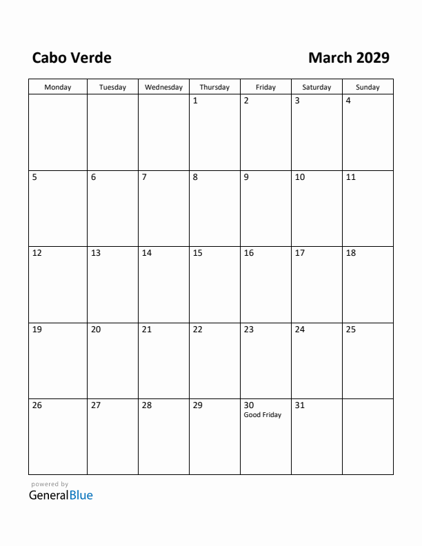 March 2029 Calendar with Cabo Verde Holidays