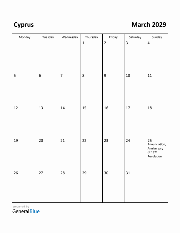 March 2029 Calendar with Cyprus Holidays