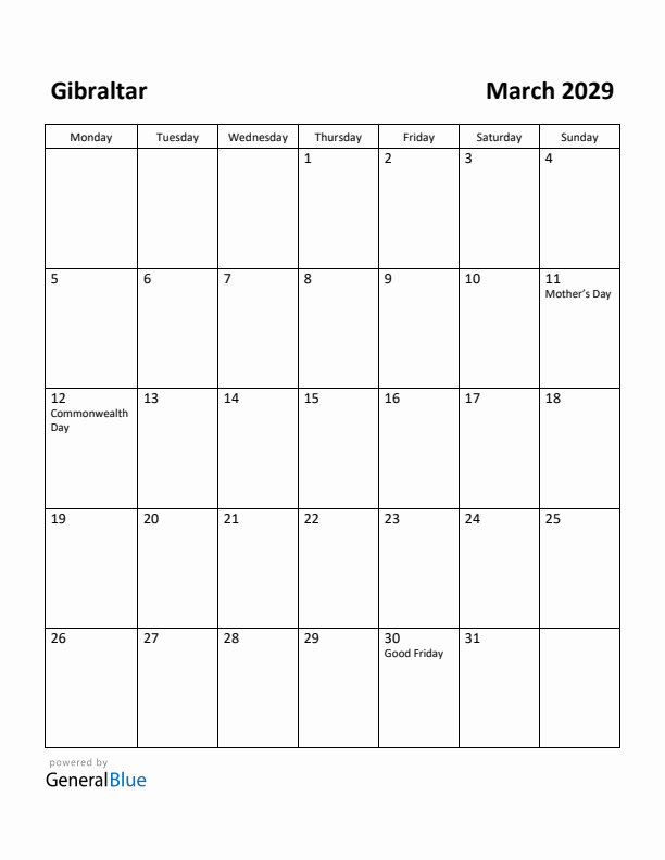 March 2029 Calendar with Gibraltar Holidays