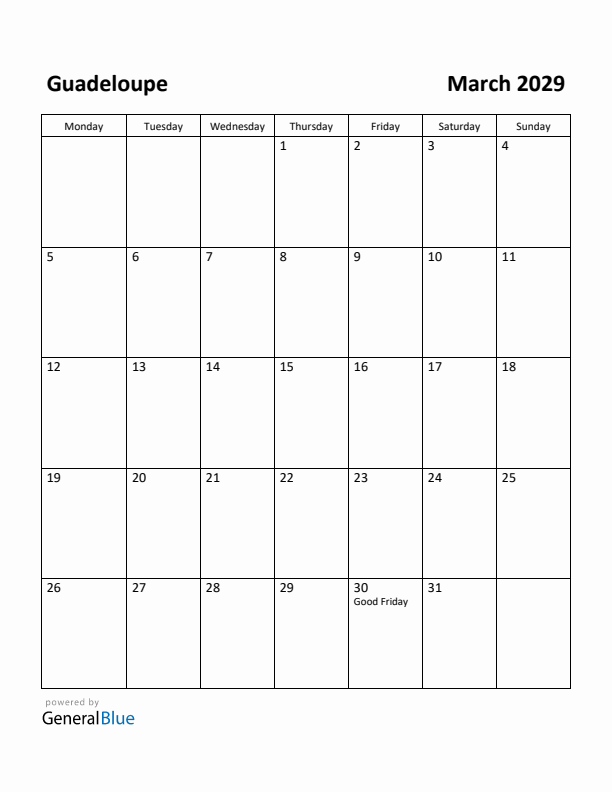 March 2029 Calendar with Guadeloupe Holidays