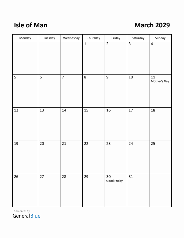 March 2029 Calendar with Isle of Man Holidays