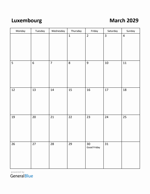 March 2029 Calendar with Luxembourg Holidays