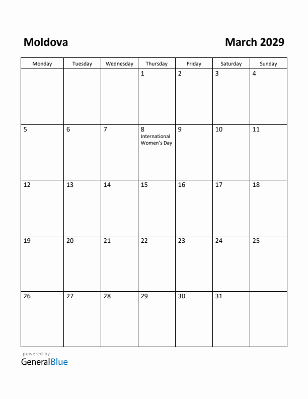 March 2029 Calendar with Moldova Holidays