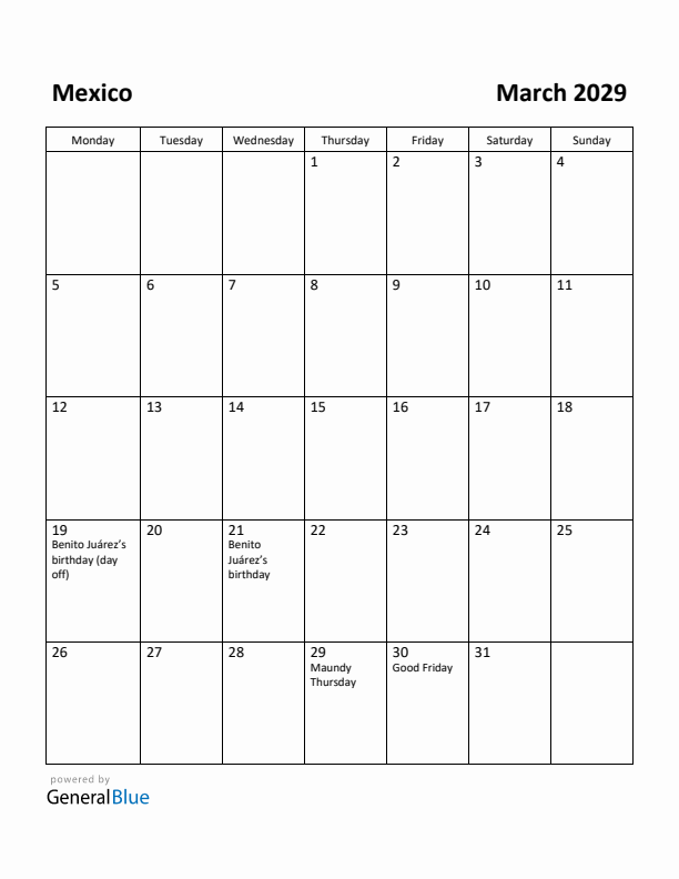 March 2029 Calendar with Mexico Holidays