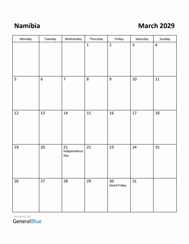 March 2029 Calendar with Namibia Holidays