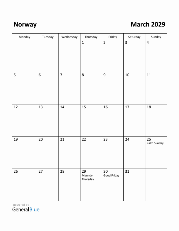 March 2029 Calendar with Norway Holidays