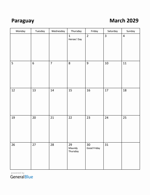 March 2029 Calendar with Paraguay Holidays