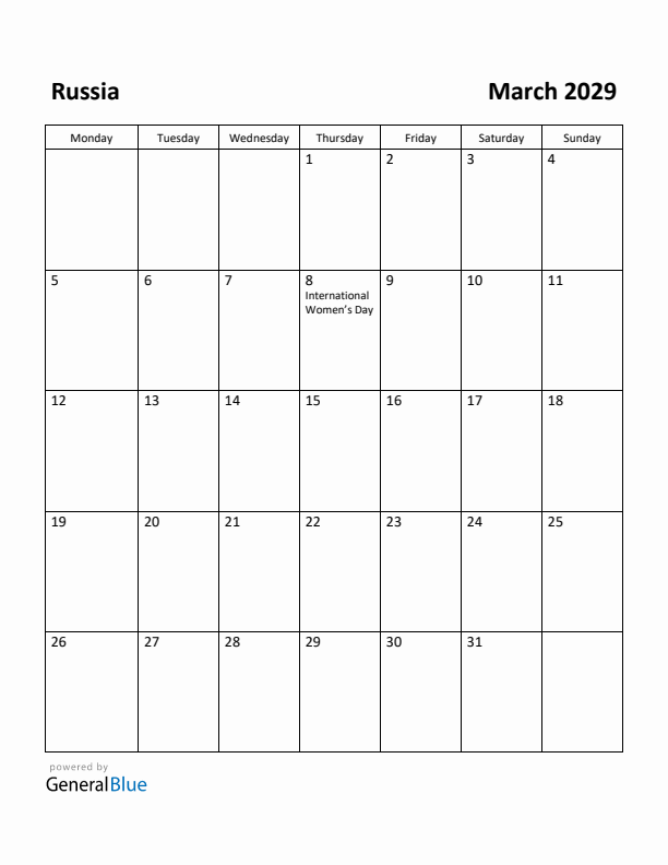 March 2029 Calendar with Russia Holidays