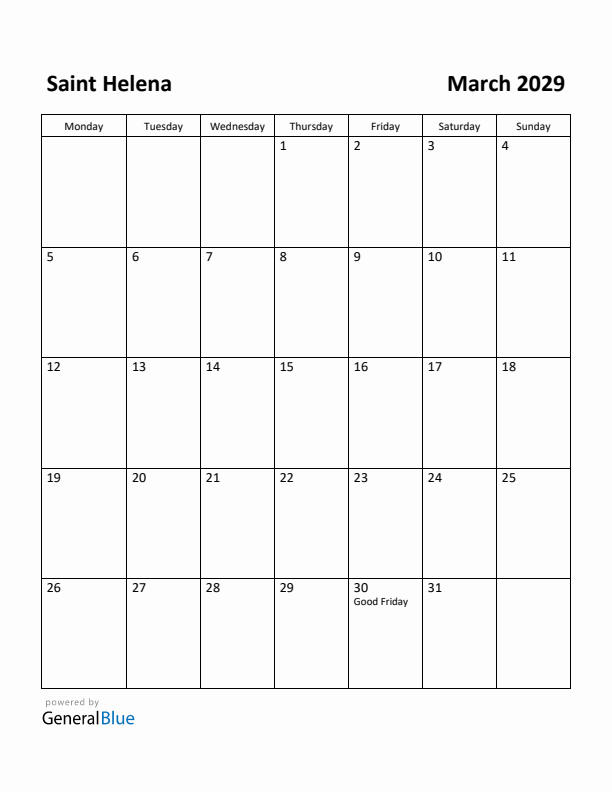 March 2029 Calendar with Saint Helena Holidays