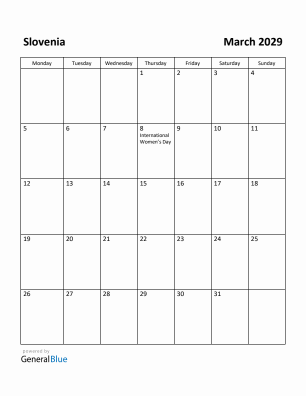 March 2029 Calendar with Slovenia Holidays