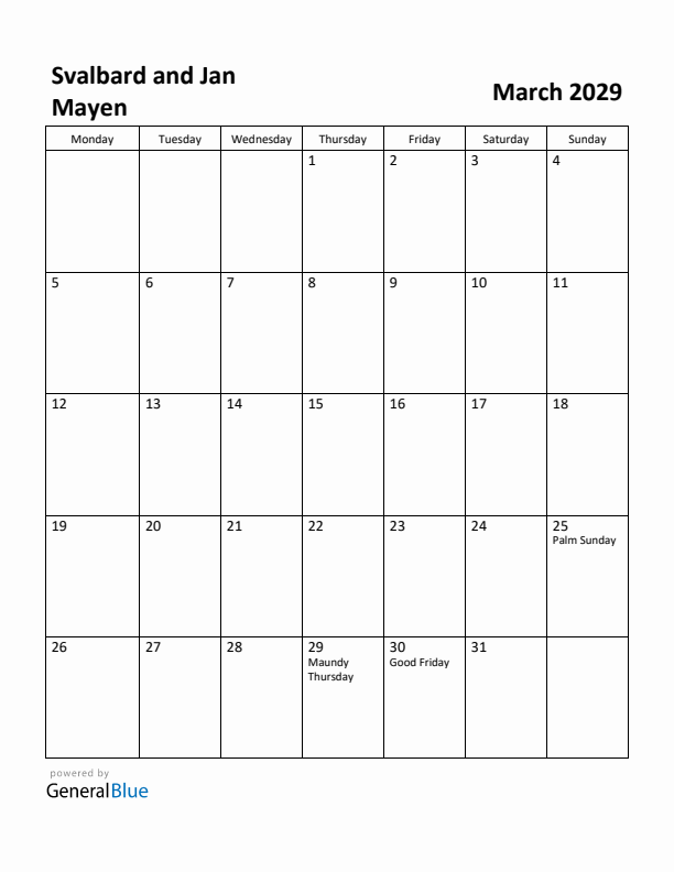 March 2029 Calendar with Svalbard and Jan Mayen Holidays