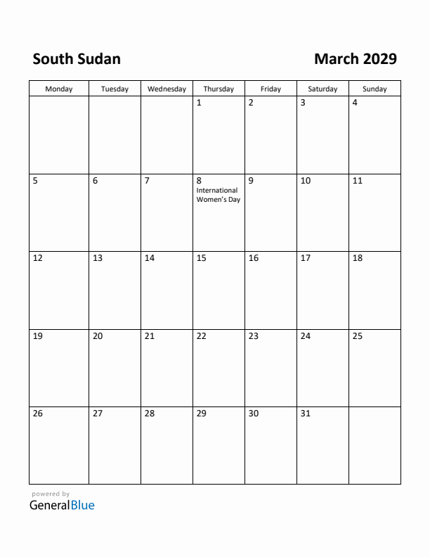 March 2029 Calendar with South Sudan Holidays