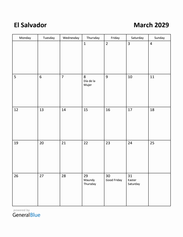 March 2029 Calendar with El Salvador Holidays