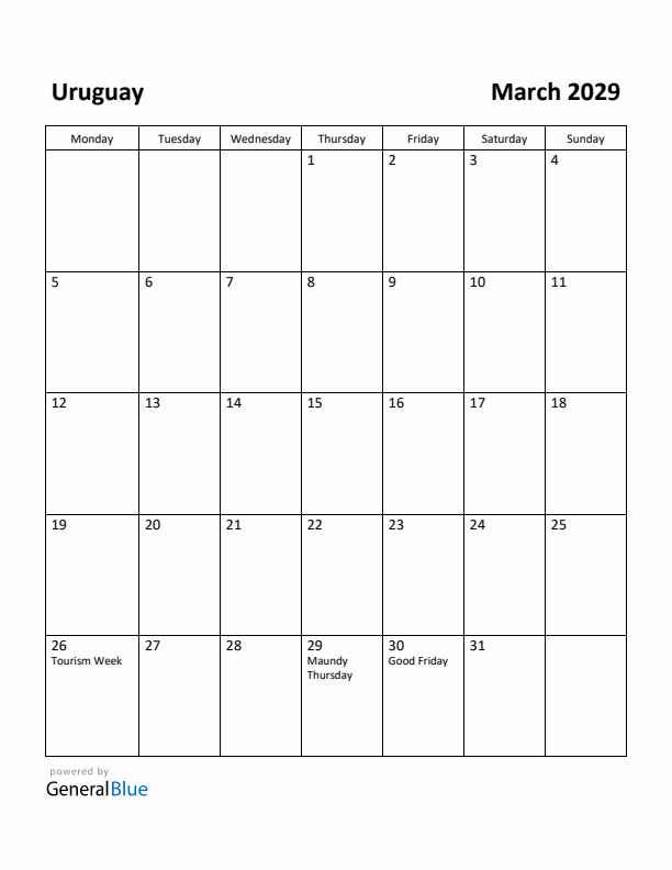 March 2029 Calendar with Uruguay Holidays