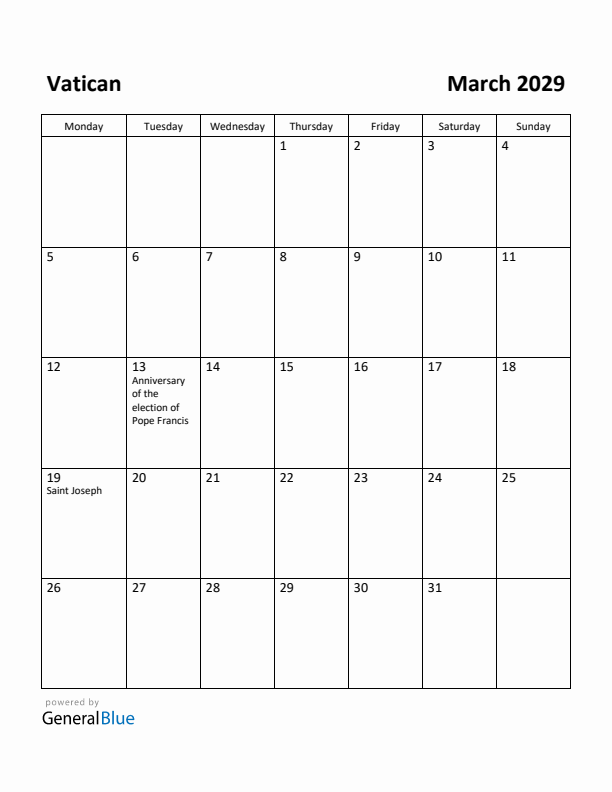 March 2029 Calendar with Vatican Holidays