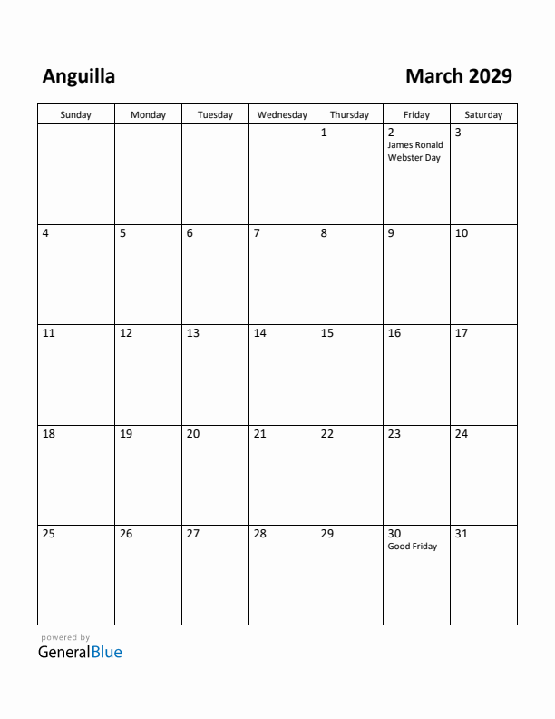 March 2029 Calendar with Anguilla Holidays