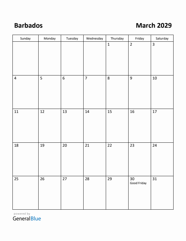 March 2029 Calendar with Barbados Holidays