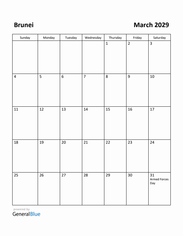 March 2029 Calendar with Brunei Holidays