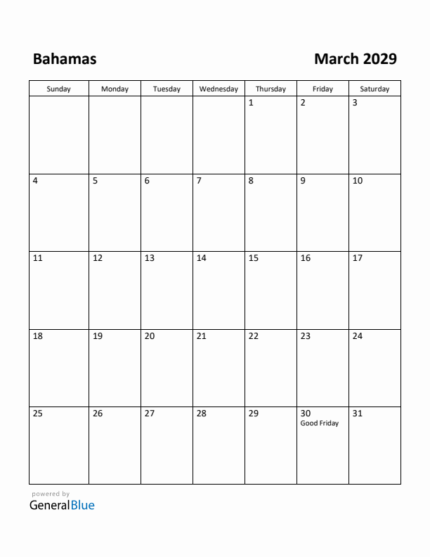 March 2029 Calendar with Bahamas Holidays