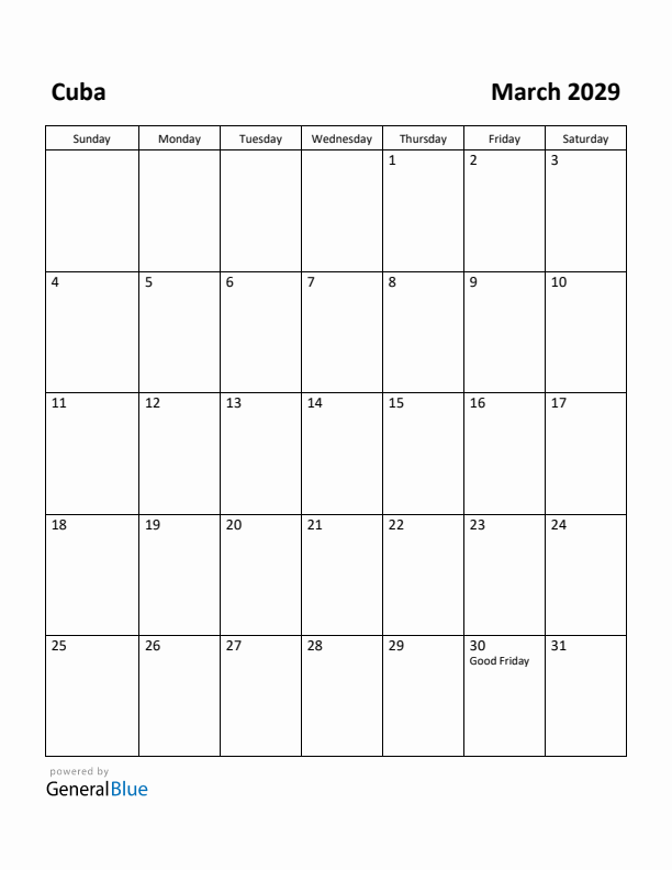 March 2029 Calendar with Cuba Holidays