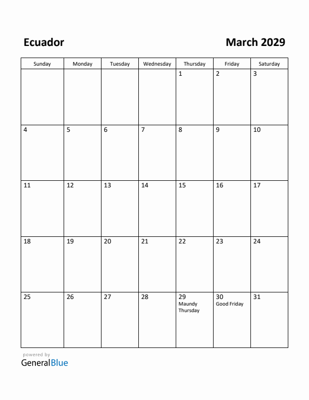 March 2029 Calendar with Ecuador Holidays