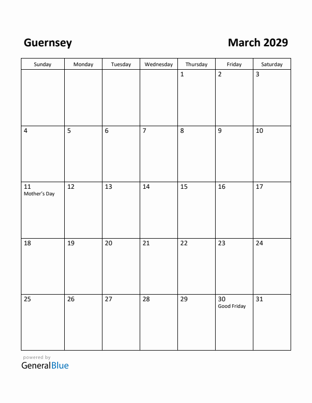 March 2029 Calendar with Guernsey Holidays