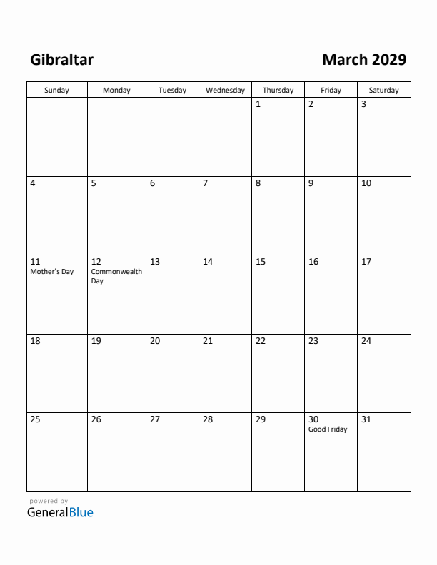 March 2029 Calendar with Gibraltar Holidays