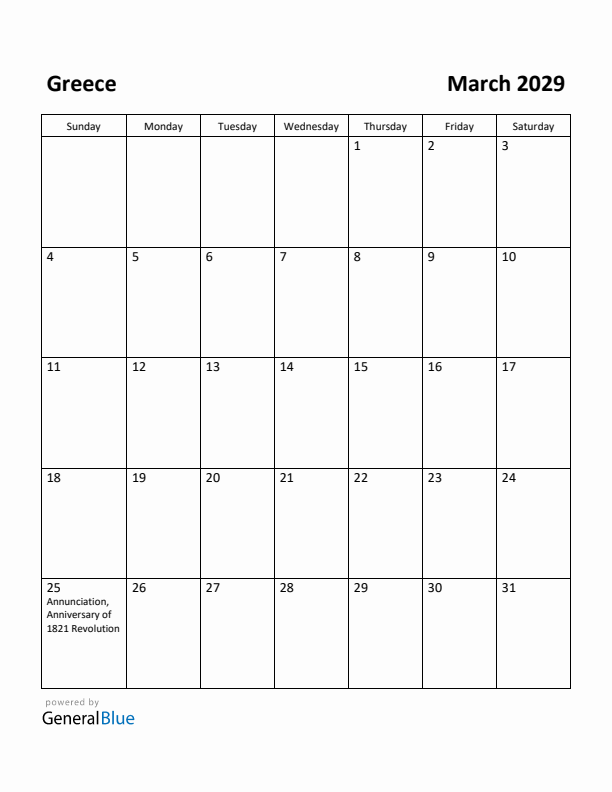 March 2029 Calendar with Greece Holidays