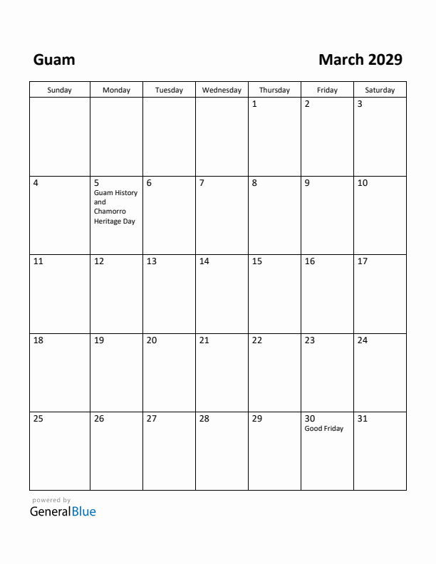 March 2029 Calendar with Guam Holidays