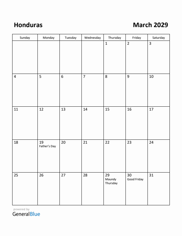 March 2029 Calendar with Honduras Holidays