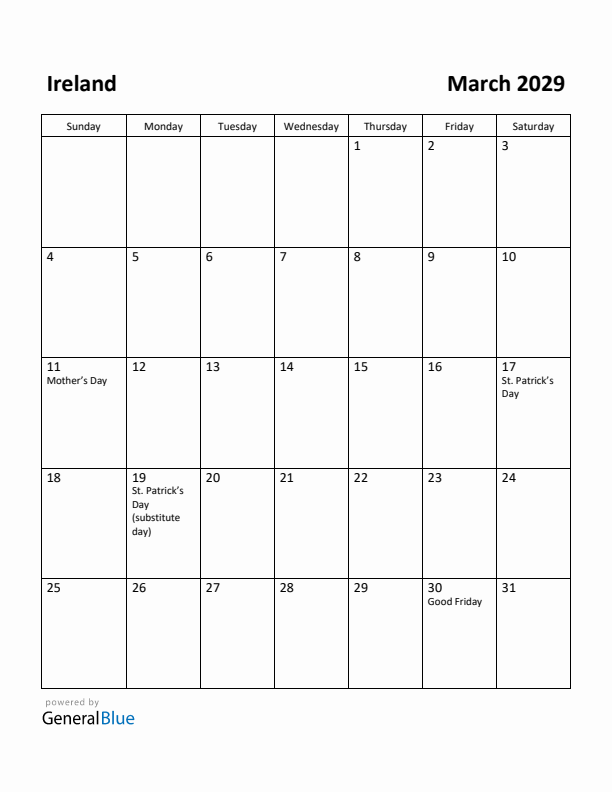 March 2029 Calendar with Ireland Holidays