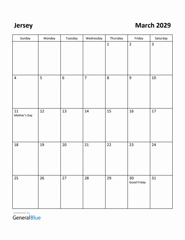 March 2029 Calendar with Jersey Holidays