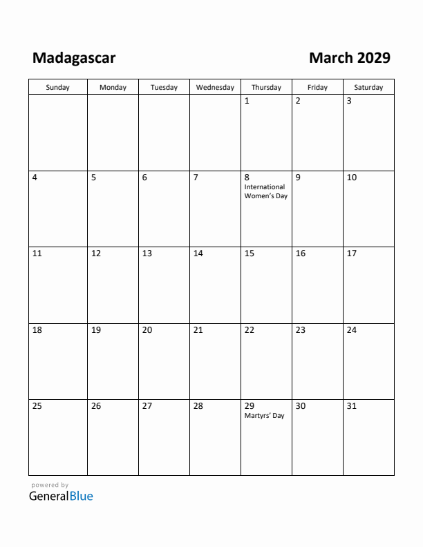 March 2029 Calendar with Madagascar Holidays