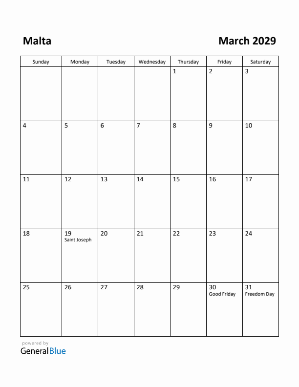 March 2029 Calendar with Malta Holidays