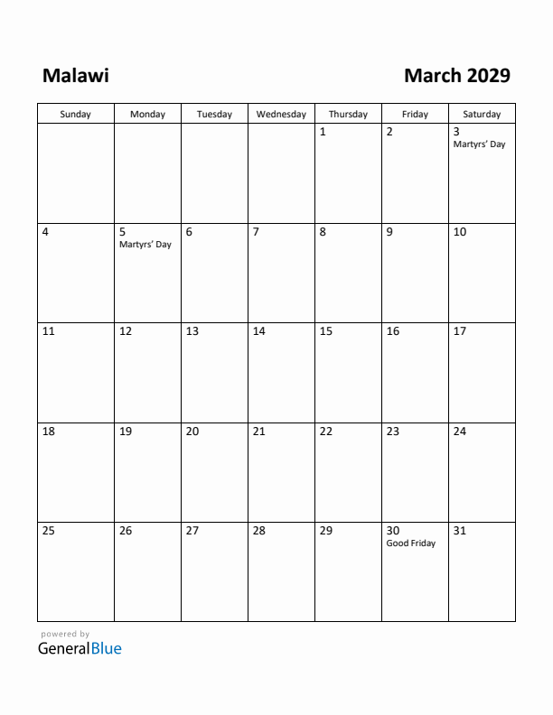 March 2029 Calendar with Malawi Holidays