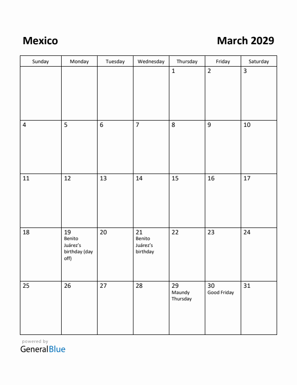 March 2029 Calendar with Mexico Holidays