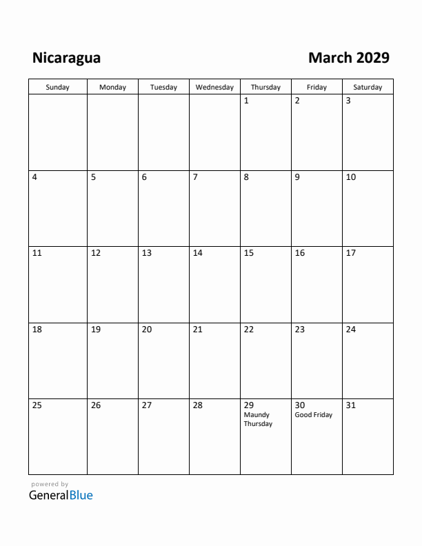 March 2029 Calendar with Nicaragua Holidays