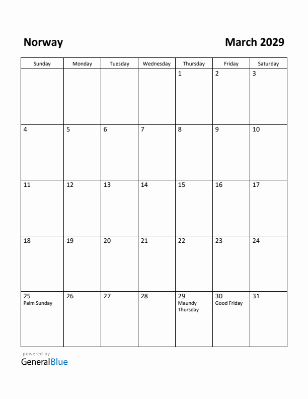 March 2029 Calendar with Norway Holidays