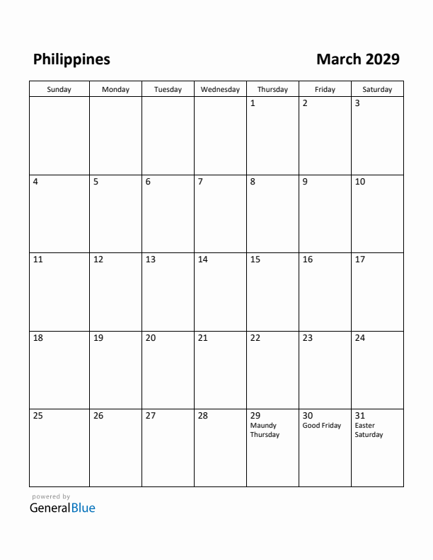 March 2029 Calendar with Philippines Holidays